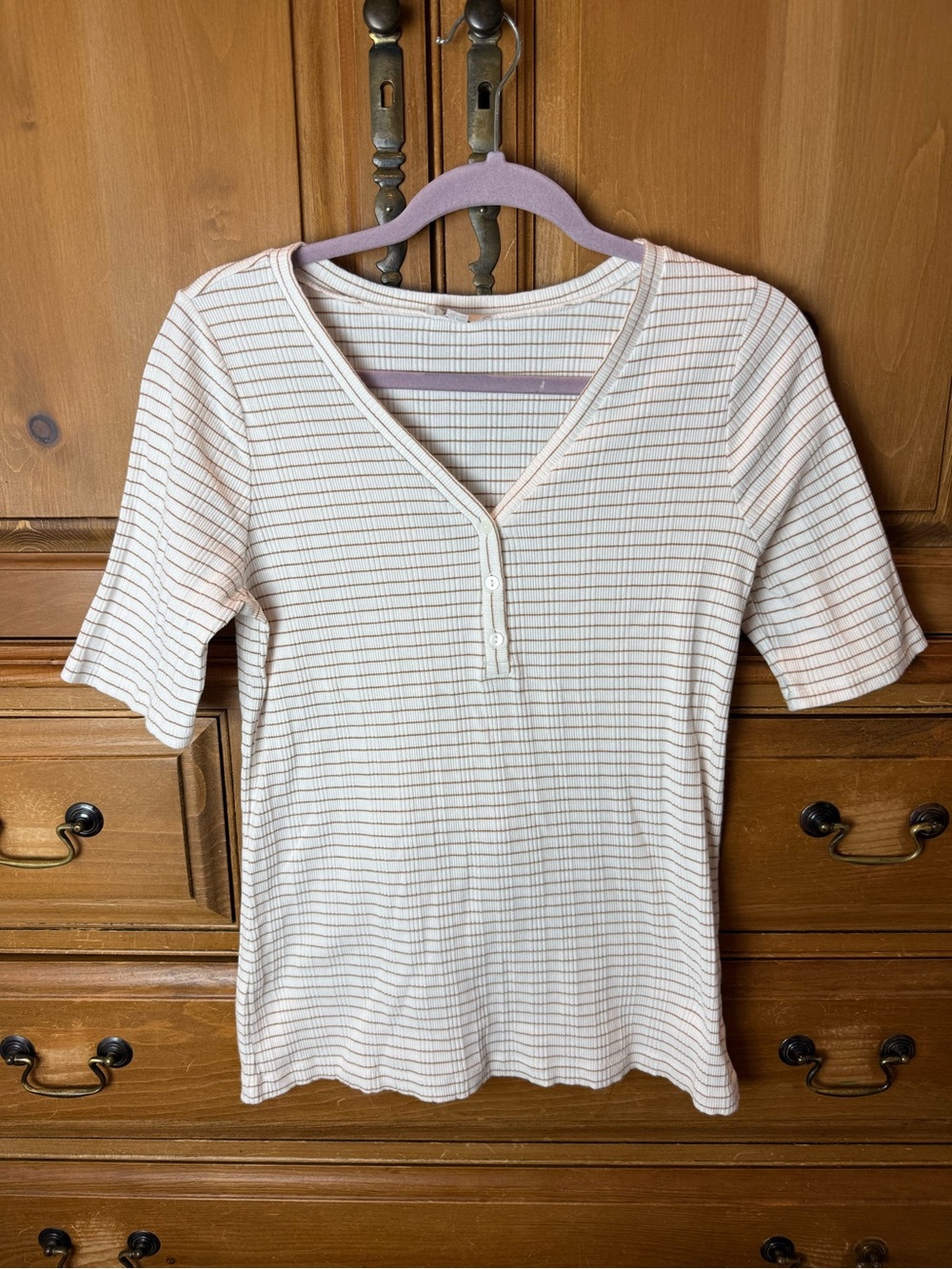 LOFT Women’s Short Sleeve Ribbed Henley Top - Cream with Tan Stripes